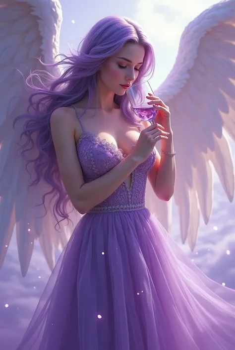 Angelic woman long purple hair purple dess drinking wine