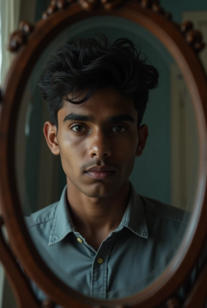 indian young man taking selfie with hidden face 
in mirror