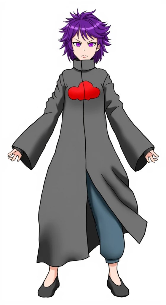 An anime-style medium shot of a 1 woman, Short woman, Full body ,151cm tall, with short, messy purple hair. She has purple eyes. He wears a black tunic with a red cloud in the center, a dark purple jacket with long sleeves and a hakama, and wears skate sho...