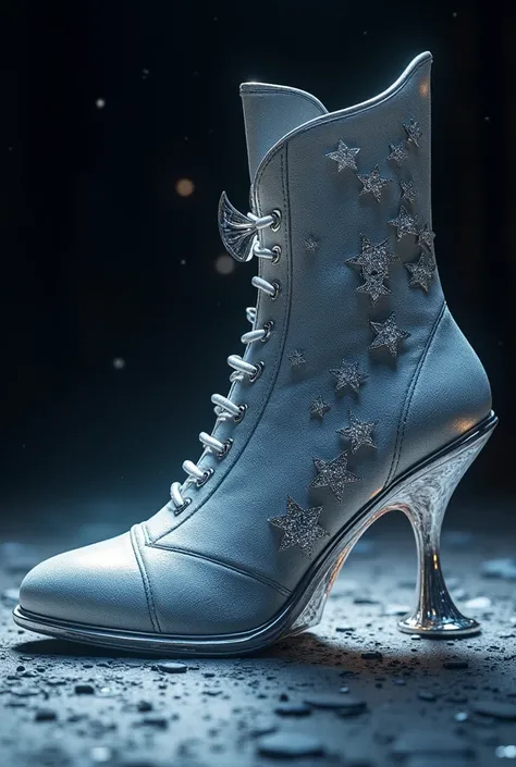 Can you make me a shoe that is inspired by the shape of the moon and the stars?
, That it is a very exaggerated and striking design in terms of its morphology. It must have silver details. 