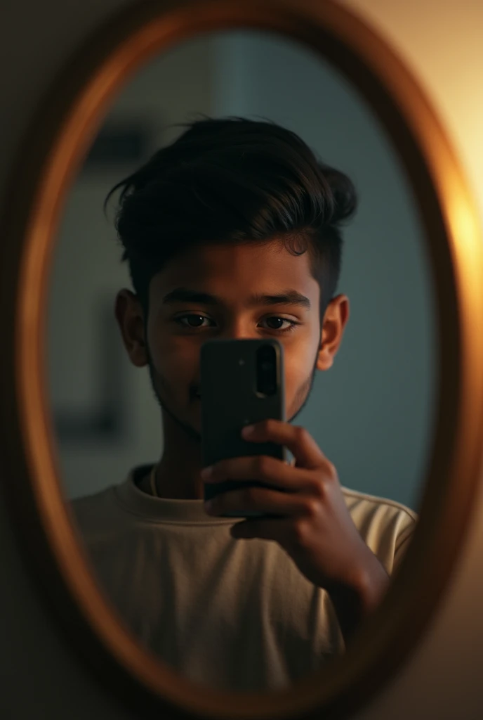 indian young man taking selfie with hidden face 
in mirror