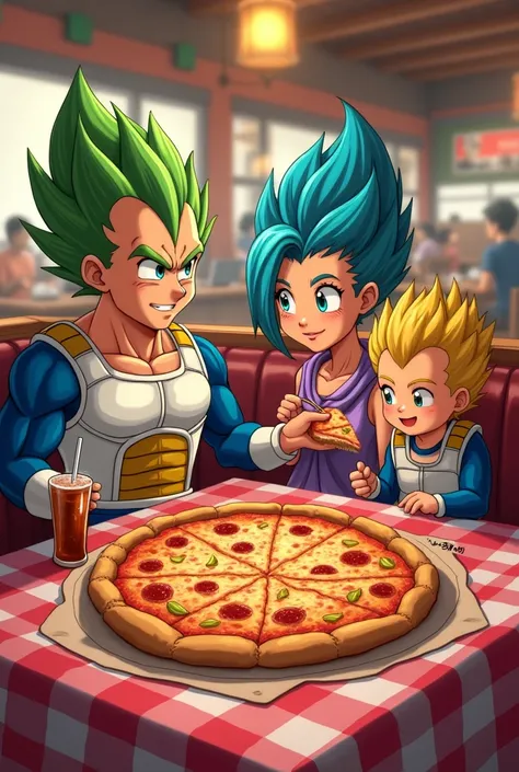 Vegeta and his family in a pizzeria eating pizza