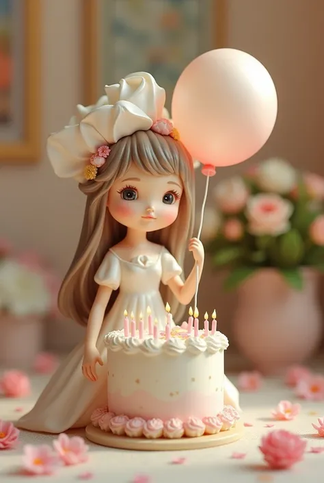 Flower figurine with cake and balloon saying happy birthday 