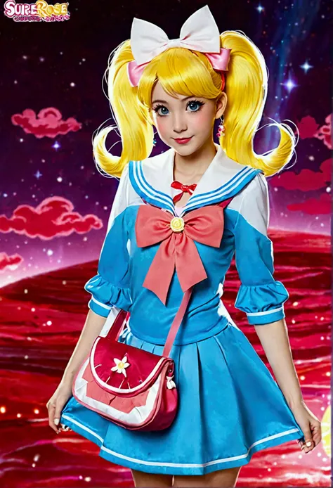 Make a Live Action version of Cure Summer from Tropical Rouge Precure in Dark Fantasy Style 1980. She has blonde hair in a giant ponytail and a small dark pink gradient in her hair and small light blue details on the edges of her bangs. She has a white nec...