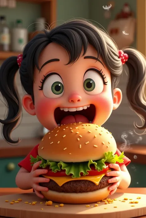 Hungry girl eating hamburger, pixar or cartoon style drawing