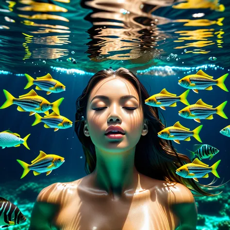 An unrivaled masterpiece, 8K resolution virtual 3D images, perfect work of art, ((The image of a perfect woman)), In the ocean of water and fish, there is only the face.