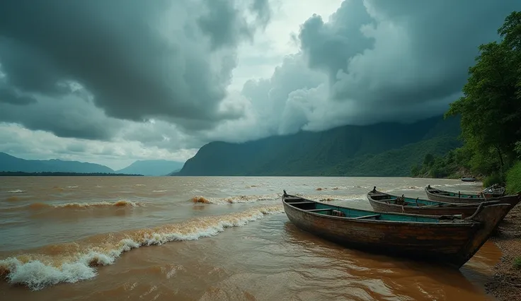 "A dramatic shot of the Mekong River during monsoon season. The river is swollen, with fast-moving muddy waters crashing against the riverbanks. Traditional wooden fishing boats are anchored to the shore, and the sky is filled with dark, ominous clouds. Th...