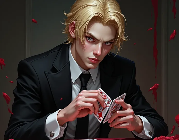 create an image for me of Jacks, the prince of hearts, an arcana from the book the ballad of happily ever after by auora stephanie garber, Jacks has golden blonde hair and gray eyes., he wears black and white outfits and is manipulative, bring a villainous...