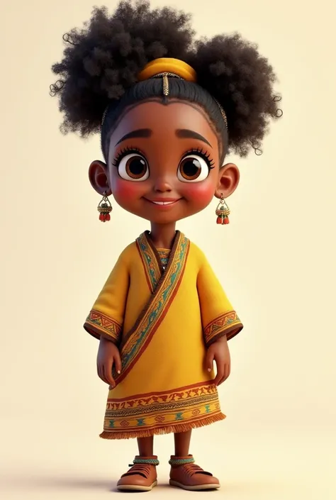 Ethiopian  cute girl wearing white ethiopian cultural cloth called tibeb. She is smiling. I want her to have animation character look.  I want her to show her full body and hair. I want to see her from the front and wear a habesha kemis