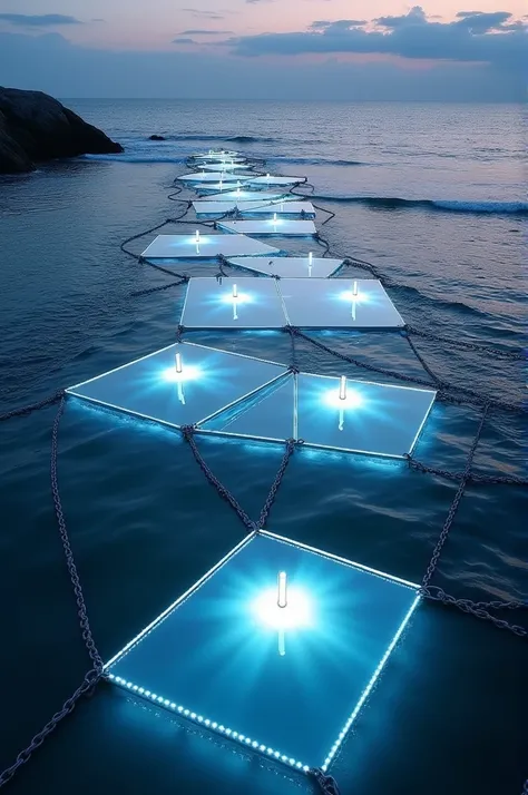 square mirrors ( 1,5M x 1,5M), connected by thin but strong chains,at the vertex of each square there will be an LED that will shine at dusk,during the day the square will reflect what is around it,but when the sun goes down,these lights come on transformi...