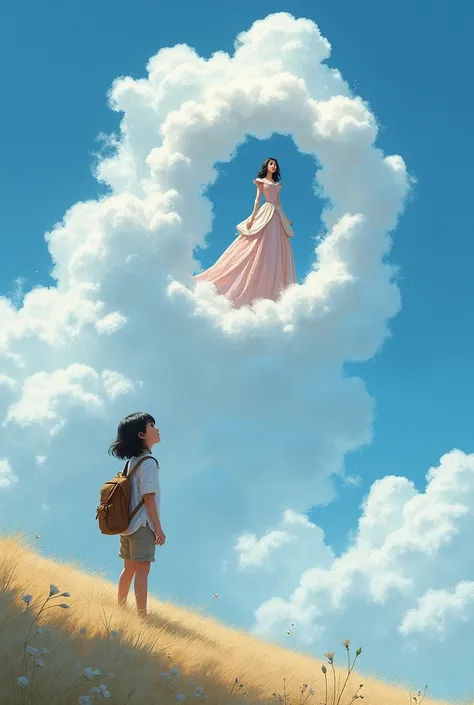  girl in casual clothes looking up and seeing a cloud as if she was dreaming , And inside the cloud is she with a beautiful princess dress.
