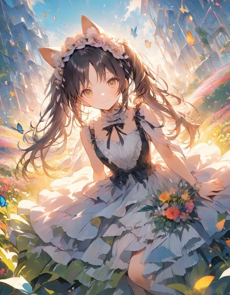 ((Highest quality)), ((masterpiece)), (detailed), 8k、In the middle of a vast flower field filled with colorful flowers、There is a big flower bed in the shape of a heart.。Butterflies all around々Dancing、Blue sky spreads out、Heart-shaped glasses、An elegantly ...