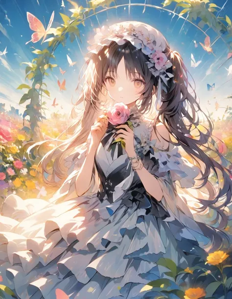 ((Highest quality)), ((masterpiece)), (detailed), 8k、In the middle of a vast flower field filled with colorful flowers、There is a big flower bed in the shape of a heart.。Butterflies all around々Dancing、Blue sky spreads out、Heart-shaped glasses、An elegantly ...