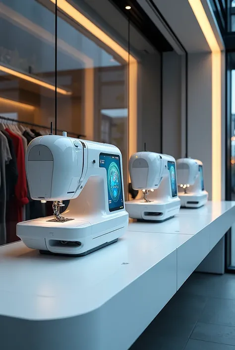 make a store front selling sewing machines of the future, powered by artificial intelligence, capable of being programmed to sew on its own, via bluetooth connection, with a large touchscreen display
