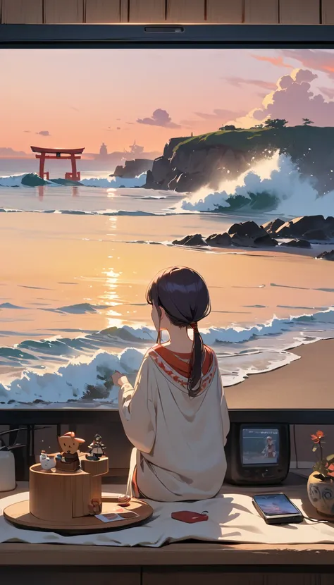 「In front of the torii gate on the beach in the evening、As the gentle waves crash、A boyish shrine maiden is enjoying listening to music by the sea.。Her figure is 2 on the screen./5、In the background is a beautiful purple and orange sky.。This scene has a re...