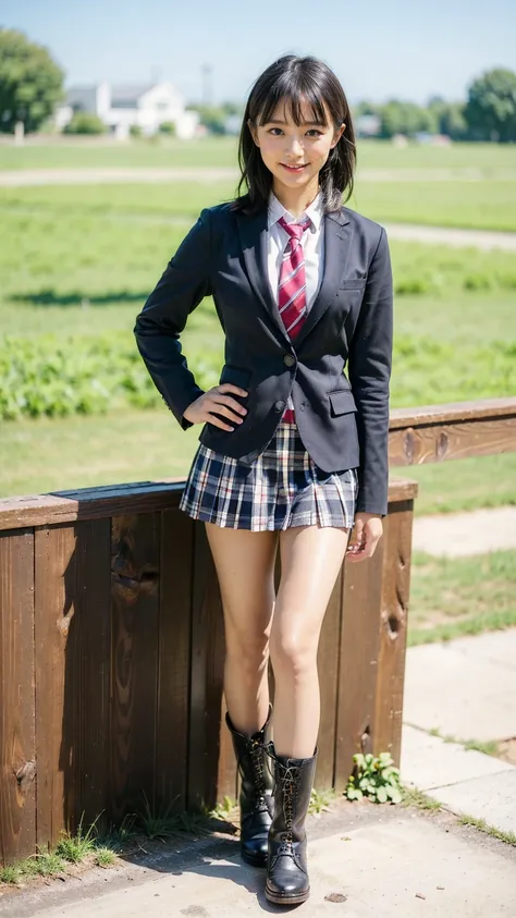 (8k、raw photos、highest quality、masterpiece:1.2)、(realistic、realistic)、1 person、((blazer、schoolgirl uniform、shirt、tie、チェックmini sk...