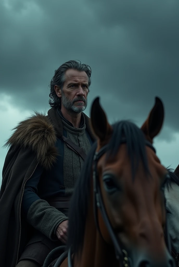 . A moment of reflection as the king rides home, looking contemplative under a dark, stormy sky. Use a close-up of his face, capturing the weight of realization that follows him.