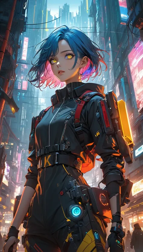 (masterpiece:1.3), (Best Cinematic Quality:1.2), (Very detailed settings:1), (soft+Artistic lighting), (One person), short blue haired, (eye+yellow+red:1.4), (multicolored eye+heterochromatic eyes), Cyberpunk attire, Futuristic, Technical, Cityscape (Aroun...