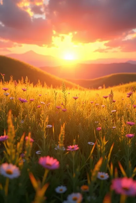 yellow meadow with sunset 