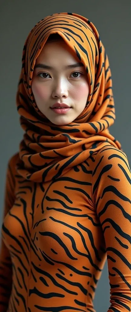 a beautiful asian musimah adult woman wears tiger lycra turtleneck unitard catsuit and wears tiger lycra chiffon hijab covered with stripes