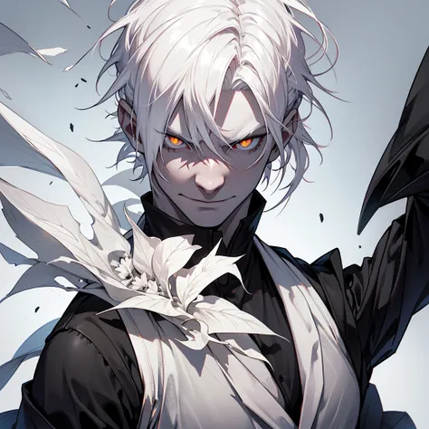 A albino man with a strong and aesthetic body, a short white hair, white eyes and black sclera, a big grim smile while looking at the viewer.