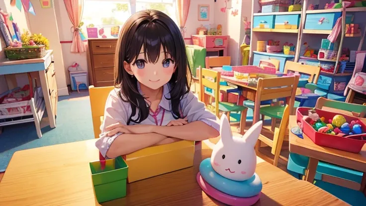 The main feature is a smiling nursery teacher.、A scene of watching over the children warmly。The nursery teacher is posing to express kindness.、In the background, colorful toys and the bright atmosphere of a nursery are placed as secondary elements.。