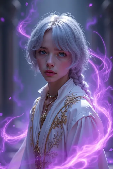 gray hair, blue colored eyes, luxury clothes, Purple fire, adolescent, 17 , white clothes with gold, 