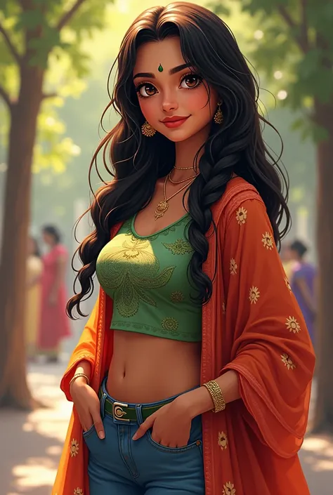 Appearance:
Hair: Long, dark, and wavy, often worn in a braid or loose
Eyes: Warm brown, expressive, often sparkling with mischief or curiosity
Style: A mix of traditional South Indian attire (like a comfortable kurta or salwar) and modern casual wear (jea...