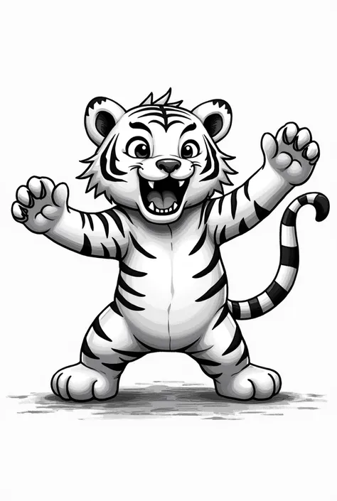 black and white, a drawing of a fullbody cute kord white tiger doing haka dance  with a it,samikshavad, artwork, a childs drawing