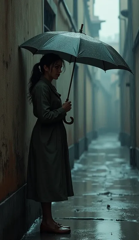 Valeria was standing with her back to the wall with her old umbrella while it was raining.  