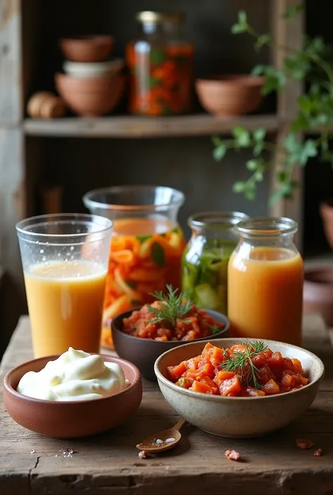 Close-up shots of Yoghurt/curd in a bowl, pickles (achaar) in glass jars, Kimchi in a bowl, and a glass of buttermilk (chaas) and a glass of kambucha. Display these foods in a rustic, traditional kitchen.