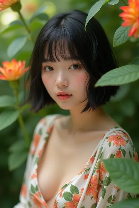 A woman with short black hair, bangs and straight hair in a lush square, wearing an open shirt with a floral print, with a close-up capturing the harmonious beauty between her exposed breasts and the natural flowers, showing off your natural charm and outg...