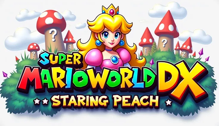 Create a vibrant and captivating logo for "Super Mario World DX Starring Peach". O design deve destacar a princesa Peach featuringo a personagem central. Use a bright, cheerful color palette, featuring tons de rosa, yellow and blue. Include iconic elements...