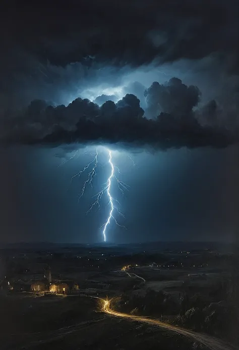 painting of a thunder dark clouds, lightning, dark atmosphere, cinematic scene, volumetric lights, ultra realistic, in the style of nicola samori