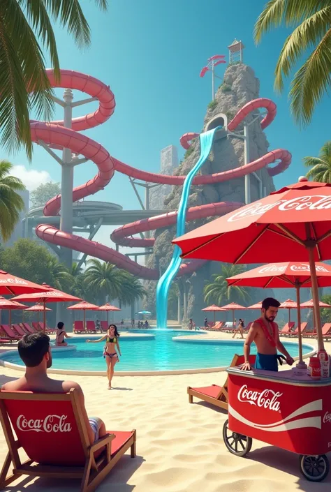 create a realistic image of a giant water park with several slides and a red umbrella with the Coca Cola logo, beach chairs with coca-cola logo, person sunbathing in a sarong with the Coca-Cola logo, and a person with a Coca-Cola ice cream cart selling 
