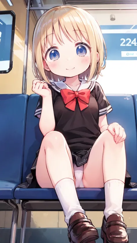 cute, train, school wear, mini skirt, white socks, (solo), ((loli)), baby face, sitting on the train bench, blush:1.5, small breasts, happy smile, from below, panty shot, white panties