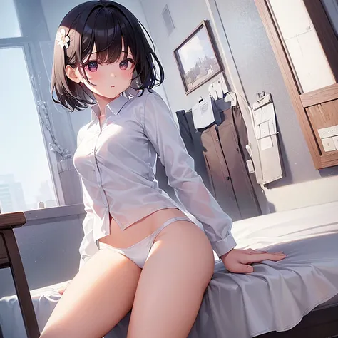 (Highest quality）,(masterpiece),One girl、Short black hair、Small breasts:1.5,White dress shirt、(White panties:1.5)、classroom、Perfect Anatomy、Perfect hands、Perfect legs