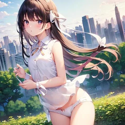 (Highest quality）,(masterpiece),One girl、blush、Short black hair、Stand with your hands behind your back、Small breasts:1.5,White dress shirt、(White panties with ribbon:1.5)、Beautiful thighs、Background overlooking the city、Perfect Anatomy、Perfect hands、Perfec...