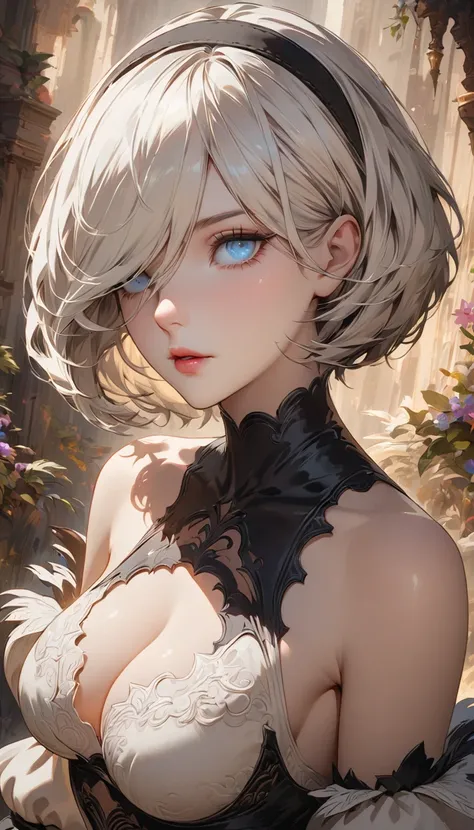 {(masterpiece,best quality, 16K portrait, UHD, extremely detailed the work, detailed beautiful face and eyes and skin and hair)} 
BREAK {(super-fine-illustration style)} BREAK {1 adult-woman,(2B of Nier-Automa), (pale-off-white colored hair, short cut hair...