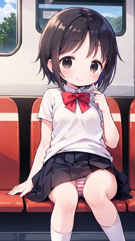 cute, train, school wear, mini skirt, white socks, (solo), ((loli)), baby face, glossy black hair, black eyes, sitting on the train bench, blush:1.5, small breasts, happy smile, from below, panty shot, striped panties