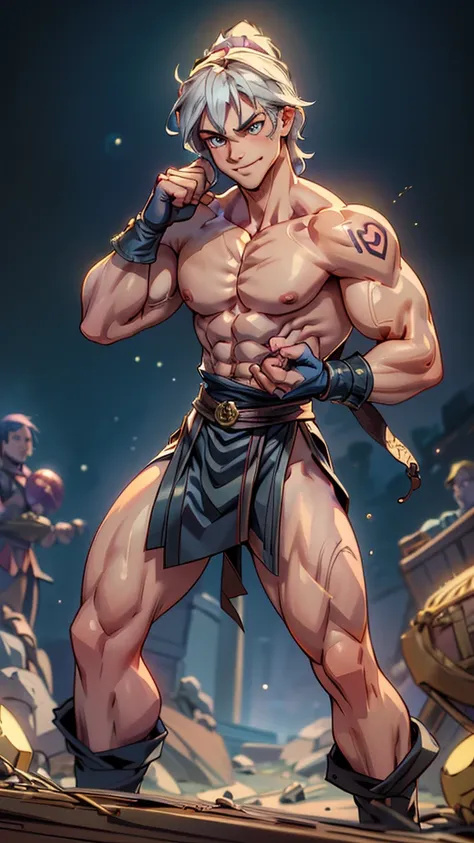 (masterpiece, 4K ,Super detailed:1.2), (anime:1), (Perfect quality), (((Adult body))), ((Combat Ready)), Perfect Face,  The whole body is shown, JRG Character, Fantasy, Fist Fighter, Shirtless man, Looking at the viewer, Mob, Ready, Villain, Vulgar smile,,...