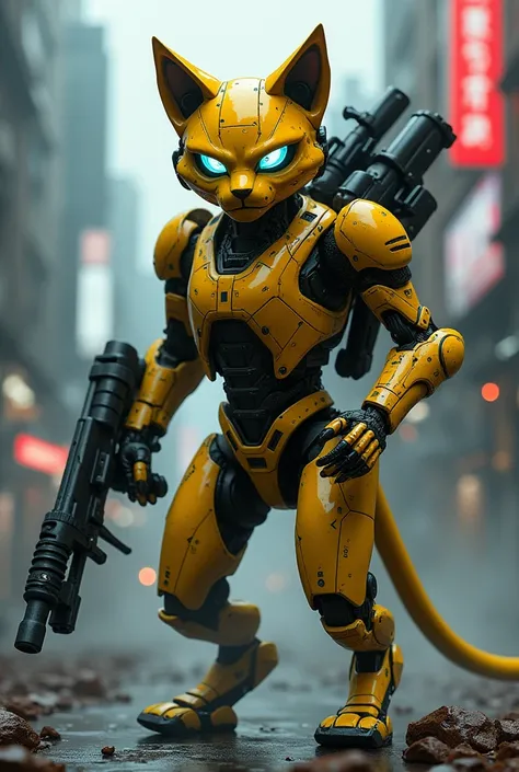 The yellow cyberpunk robot cat carries many weapons on its back and is terrifying.