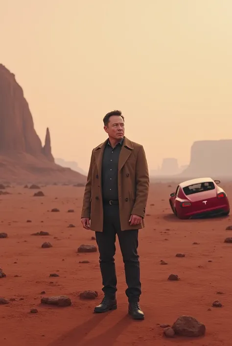 Elon Musk landed on planet mars - Seing nobody and being confused if he is on the right planet - behind him, his red tesla he launched to space several years ago, crashed