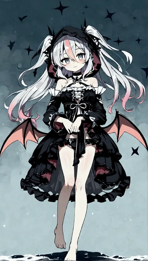 long hair, white hair, off shoulder, gothic lolita, choker, looking at viewer, front view, shiny hair, full body shot, swimsuit, underwear, two side up, messy hair, hair covering eyes, pale skin, lanky, , a girl, dark fantasy, pink hair, streaked hair, hoo...