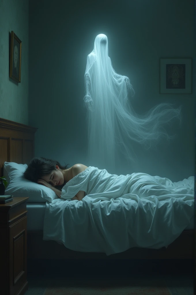 Sleeping on the bed, but there is a ghost floating above.