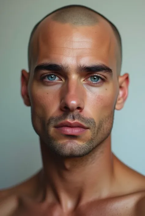 Male, bald, blue eyes, very attractive, brown eyebrows, standing, no background,