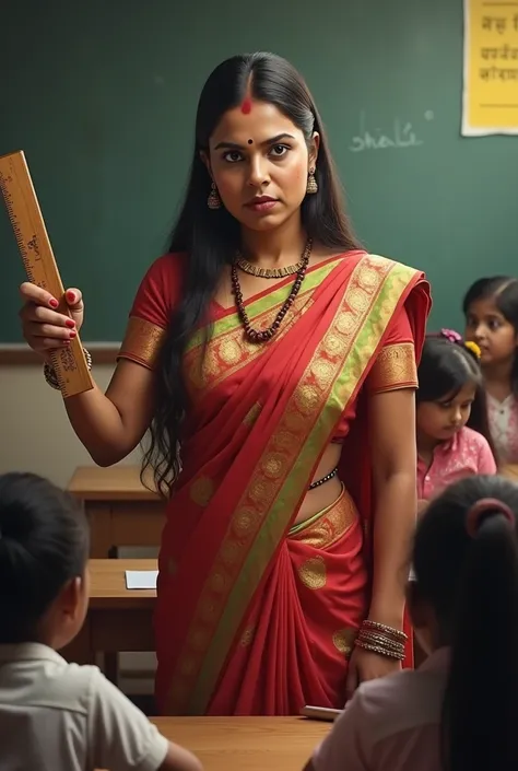 Ms Shalini is an indian teacher who is strict and loves punishing her students.She weares saree and holds a wooden ruller to beat students.