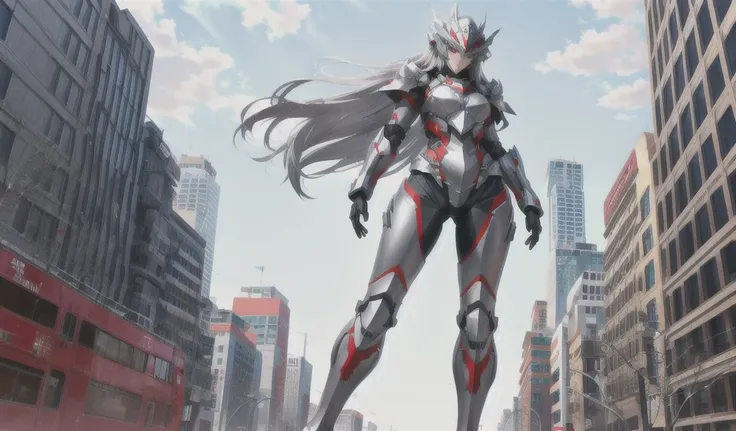 silver long hair giantess，gray skin，Gray full body tights，helmet，Big ，red blue armor，slim figure，thigh，[City, High resolution,