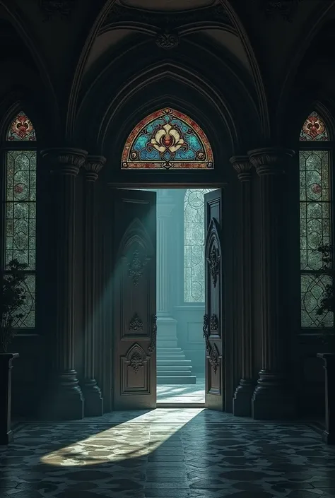 SCENE 1: Introduction to Visual Space: A camera slowly moves towards an imposing Gothic entrance to the wake. The doors are adorned with intricate carvings in dark wood and deep-hued stained glass..