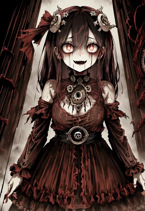 scary, a long, tattered rag, dark, fog深い, fog, one girl, expensive, spooky, horror, wide spooky smile, red glowing eyes, point t...